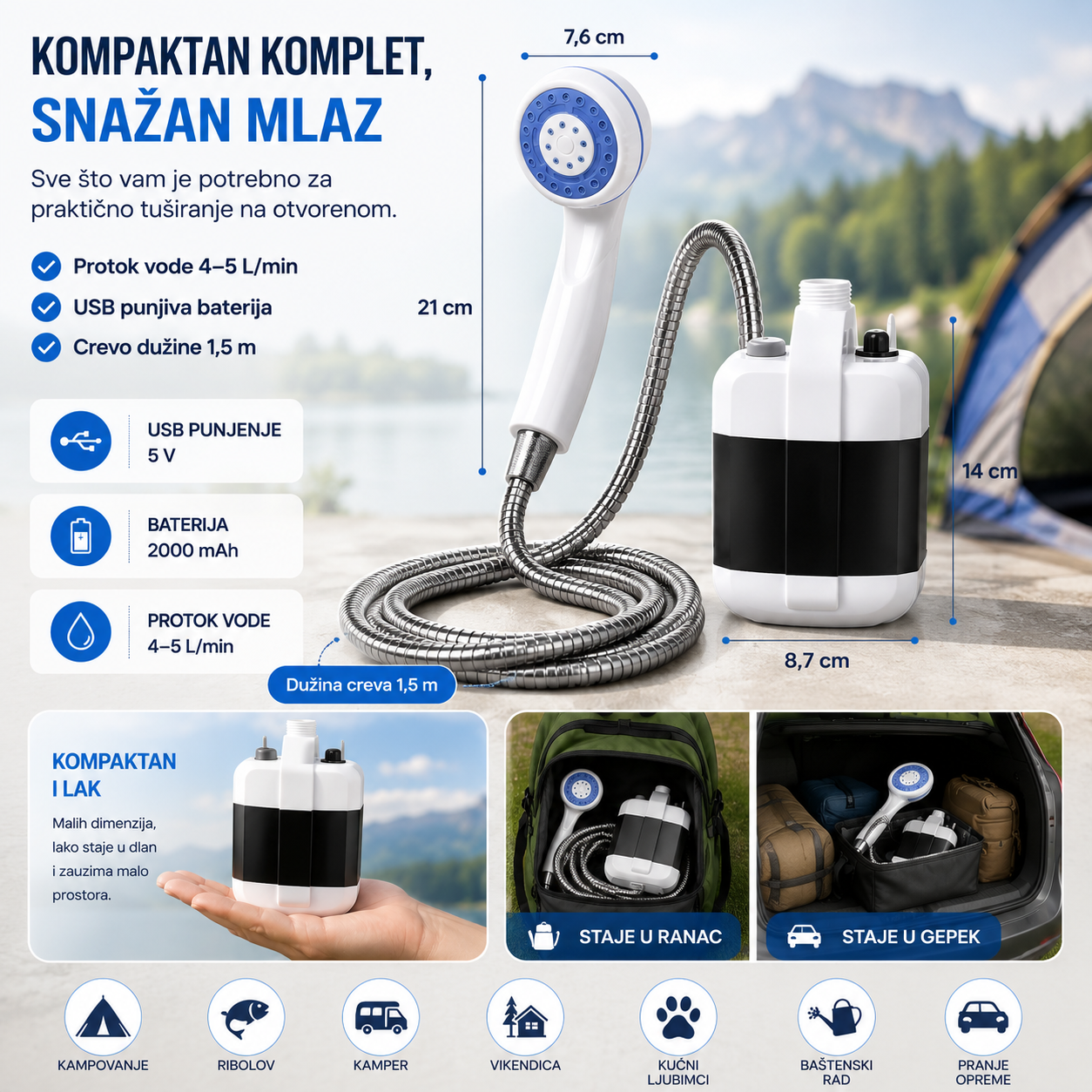 Prenosivi USB Tuš za Kampovanje