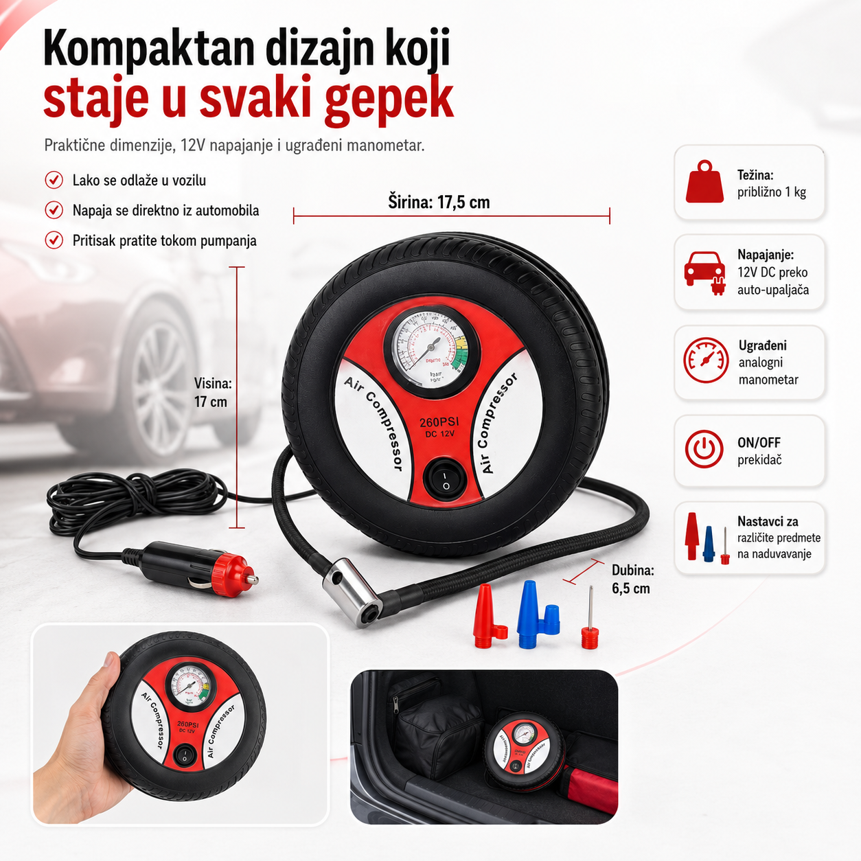 Mini kompresor za gume 12V sa manometrom