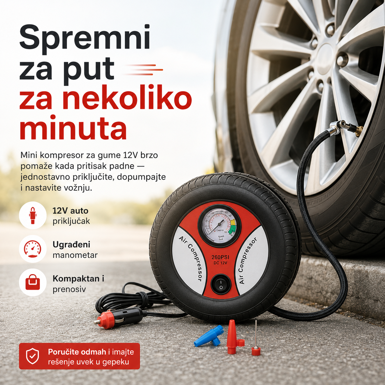 Mini kompresor za gume 12V sa manometrom