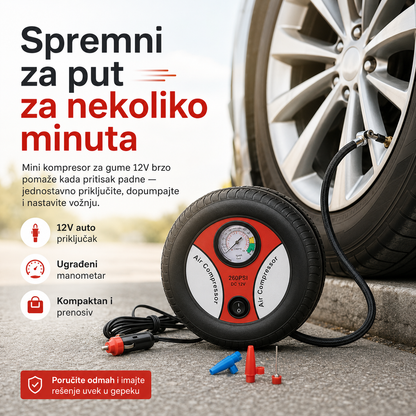 Mini kompresor za gume 12V sa manometrom