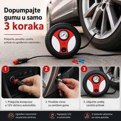 Mini kompresor za gume 12V sa manometrom