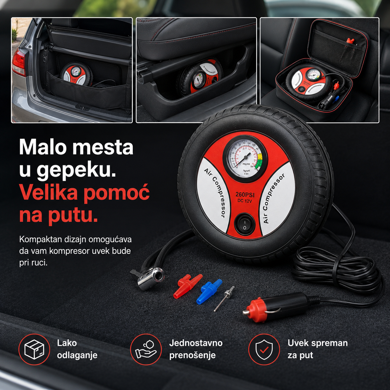 Mini kompresor za gume 12V sa manometrom