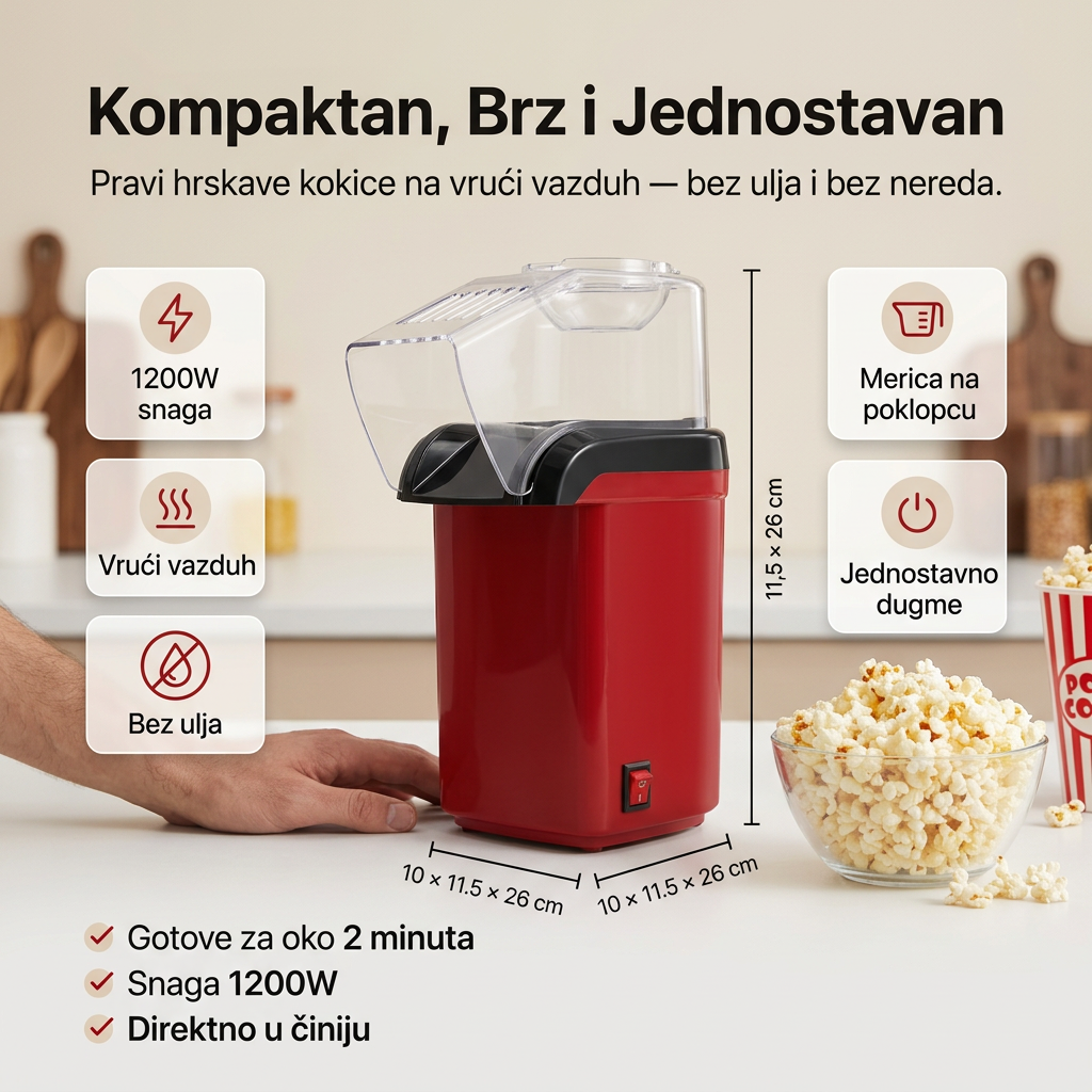 Aparat za Kokice Bez Ulja za 2 Minuta